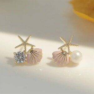 Pink Shell Pearl Stud Earrings Starfish Earrings Asymmetrical Beach